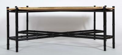 Brass Molded and Curved Edge Tray Table on Ebonized Faux Bamboo Stand