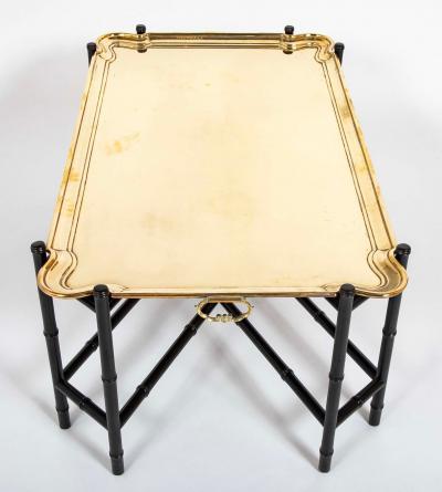 Brass Molded and Curved Edge Tray Table on Ebonized Faux Bamboo Stand