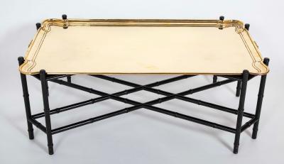 Brass Molded and Curved Edge Tray Table on Ebonized Faux Bamboo Stand