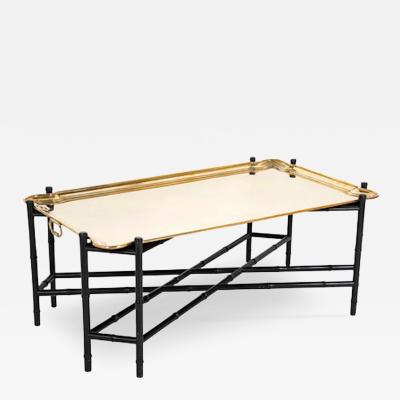 Brass Molded and Curved Edge Tray Table on Ebonized Faux Bamboo Stand