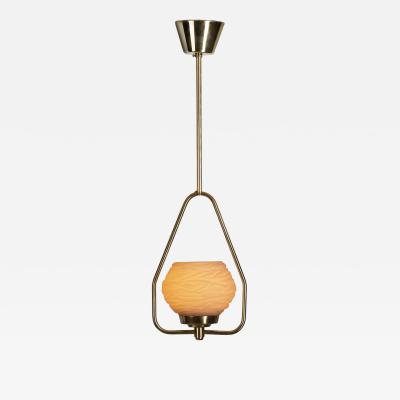Brass Pendant Lamp with Textured Opal Glass Shade Europe Mid 20th Century