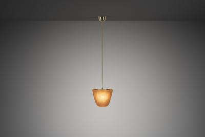 Brass Pendant Light with Etched Glass Shade Europe Mid 20th Century