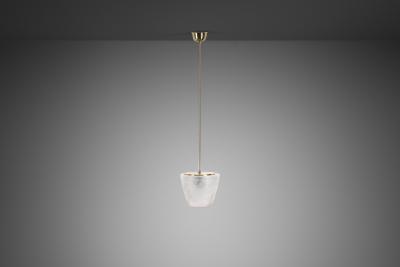 Brass Pendant Light with Etched Glass Shade Europe Mid 20th Century