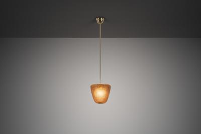 Brass Pendant Light with Etched Glass Shade Europe Mid 20th Century