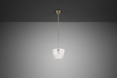 Brass Pendant Light with Etched Glass Shade Europe Mid 20th Century
