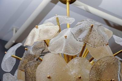 Brass Sphere with Murano Glass Leaves Chandelier