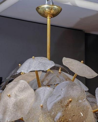 Brass Sphere with Murano Glass Leaves Chandelier