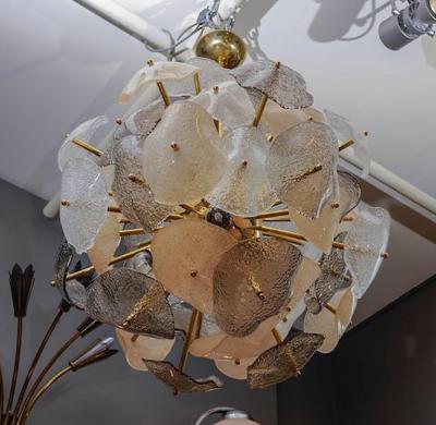 Brass Sphere with Murano Glass Leaves Chandelier