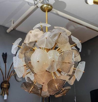 Brass Sphere with Murano Glass Leaves Chandelier