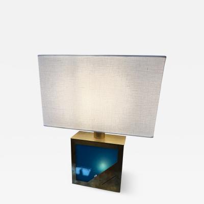 Brass Table Lamp with Blue Panel Base and Rectangular Linen Shade