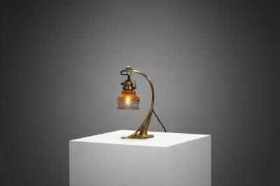 Brass Table Lamp with Iridescent Glass Shade Europe Early 20th Century