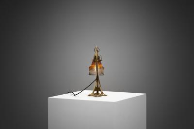 Brass Table Lamp with Iridescent Glass Shade Europe Early 20th Century