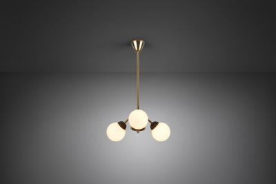 Brass Three Armed Ceiling Lamp with Opal Glass Shades Scandinavia 1950s