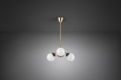 Brass Three Armed Ceiling Lamp with Opal Glass Shades Scandinavia 1950s