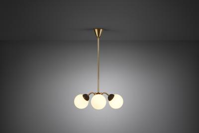 Brass Three Armed Ceiling Lamp with Opal Glass Shades Scandinavia 1950s