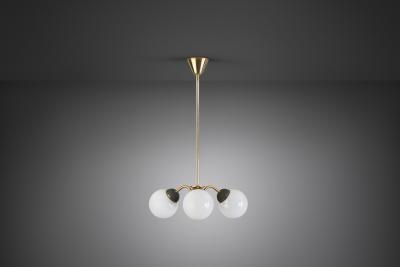 Brass Three Armed Ceiling Lamp with Opal Glass Shades Scandinavia 1950s