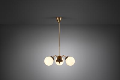 Brass Three Armed Ceiling Lamp with Opal Glass Shades Scandinavia 1950s