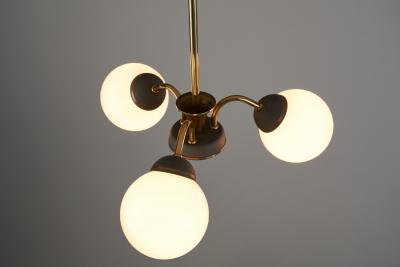 Brass Three Armed Ceiling Lamp with Opal Glass Shades Scandinavia 1950s