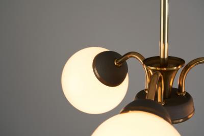 Brass Three Armed Ceiling Lamp with Opal Glass Shades Scandinavia 1950s