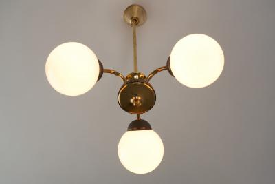 Brass Three Armed Ceiling Lamp with Opal Glass Shades Scandinavia 1950s