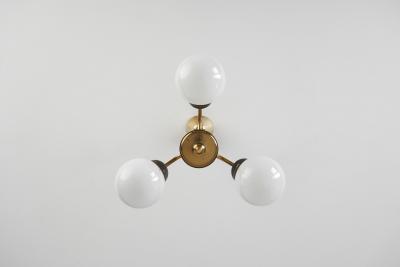 Brass Three Armed Ceiling Lamp with Opal Glass Shades Scandinavia 1950s