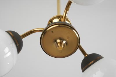 Brass Three Armed Ceiling Lamp with Opal Glass Shades Scandinavia 1950s