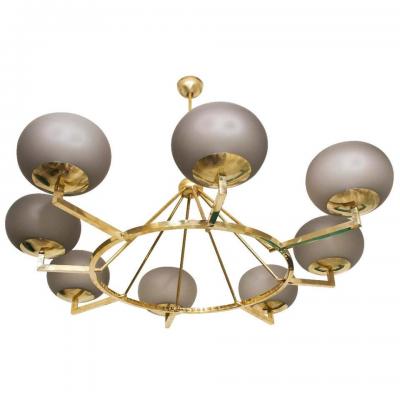 Brass and Grey Opaline Murano Glass Large Modern Chandelier Stilnovo Style