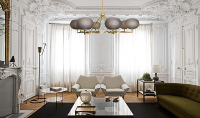 Brass and Grey Opaline Murano Glass Large Modern Chandelier Stilnovo Style