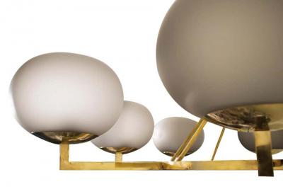 Brass and Grey Opaline Murano Glass Large Modern Chandelier Stilnovo Style