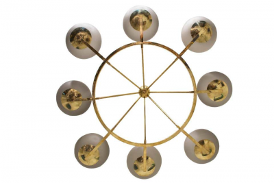 Brass and Grey Opaline Murano Glass Large Modern Chandelier Stilnovo Style