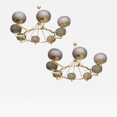 Brass and Grey Opaline Murano Glass Large Modern Chandelier Stilnovo Style