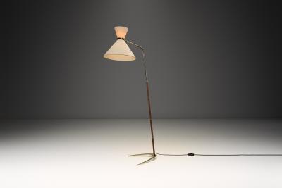 Brass and Leather Floor Lamp with Diabolo Shade Europe 1950s