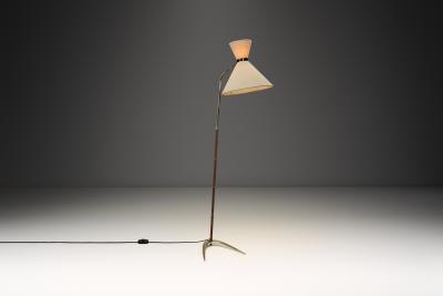 Brass and Leather Floor Lamp with Diabolo Shade Europe 1950s