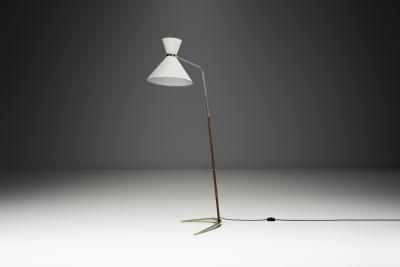 Brass and Leather Floor Lamp with Diabolo Shade Europe 1950s
