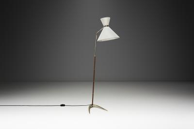 Brass and Leather Floor Lamp with Diabolo Shade Europe 1950s