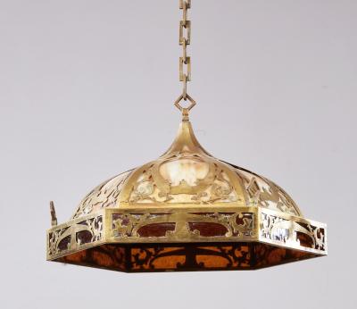 Brass and Slag Glass Arts and Crafts Pendant Fixture
