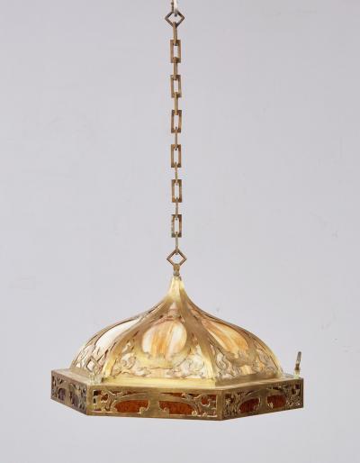 Brass and Slag Glass Arts and Crafts Pendant Fixture