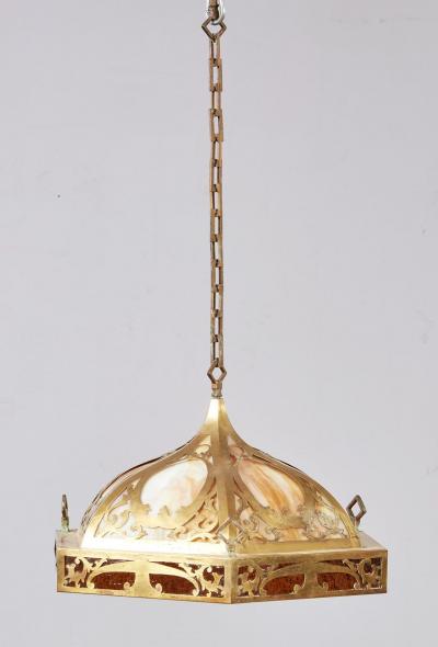 Brass and Slag Glass Arts and Crafts Pendant Fixture