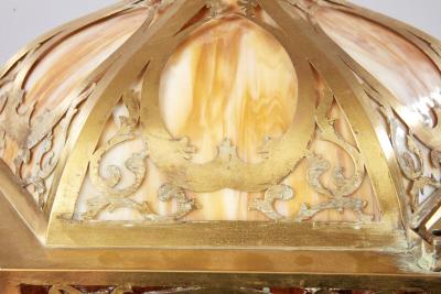 Brass and Slag Glass Arts and Crafts Pendant Fixture