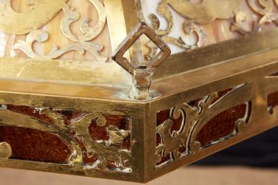 Brass and Slag Glass Arts and Crafts Pendant Fixture