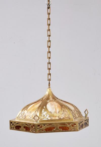Brass and Slag Glass Arts and Crafts Pendant Fixture