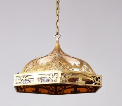 Brass and Slag Glass Arts and Crafts Pendant Fixture