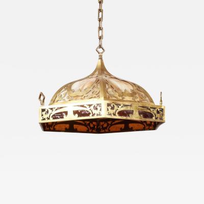 Brass and Slag Glass Arts and Crafts Pendant Fixture