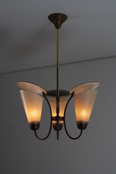 Brass and Striped Glass Three Arm Chandelier 1950s