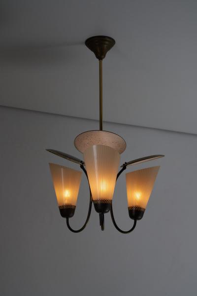 Brass and Striped Glass Three Arm Chandelier 1950s