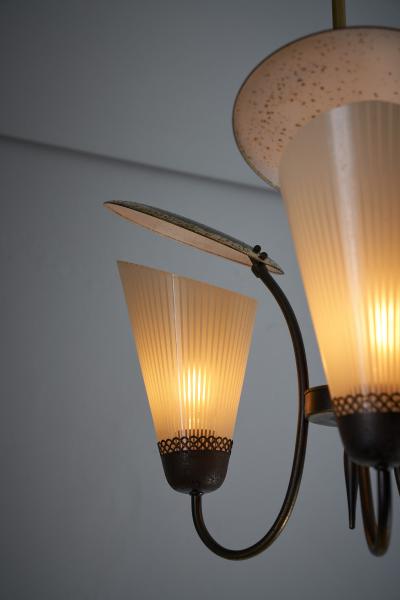 Brass and Striped Glass Three Arm Chandelier 1950s