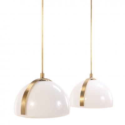 Brass and White Glass Dual Pendant Light C 1960