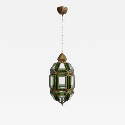 Brass and green glass lantern ceiling lamp 1970s 