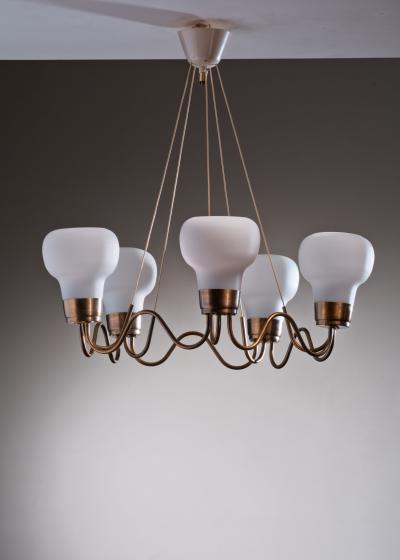 Brass chandelier with 5 glass shades