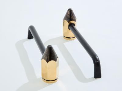 Brass pencil andirons wrought iron 1960s